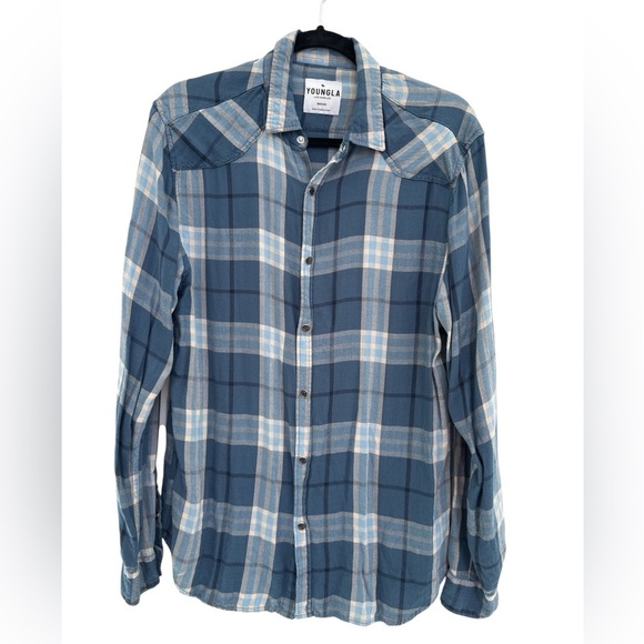 YoungLA Pearl Snap Flannel Shirt Blue Plaid Lightweight - Picture 1 of 6